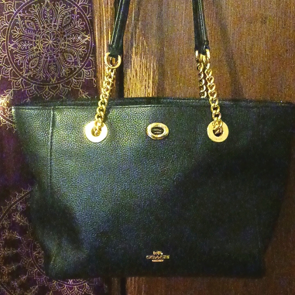 Black leather Coach bucket purse w gold accents in chains, zippers ,& symbol